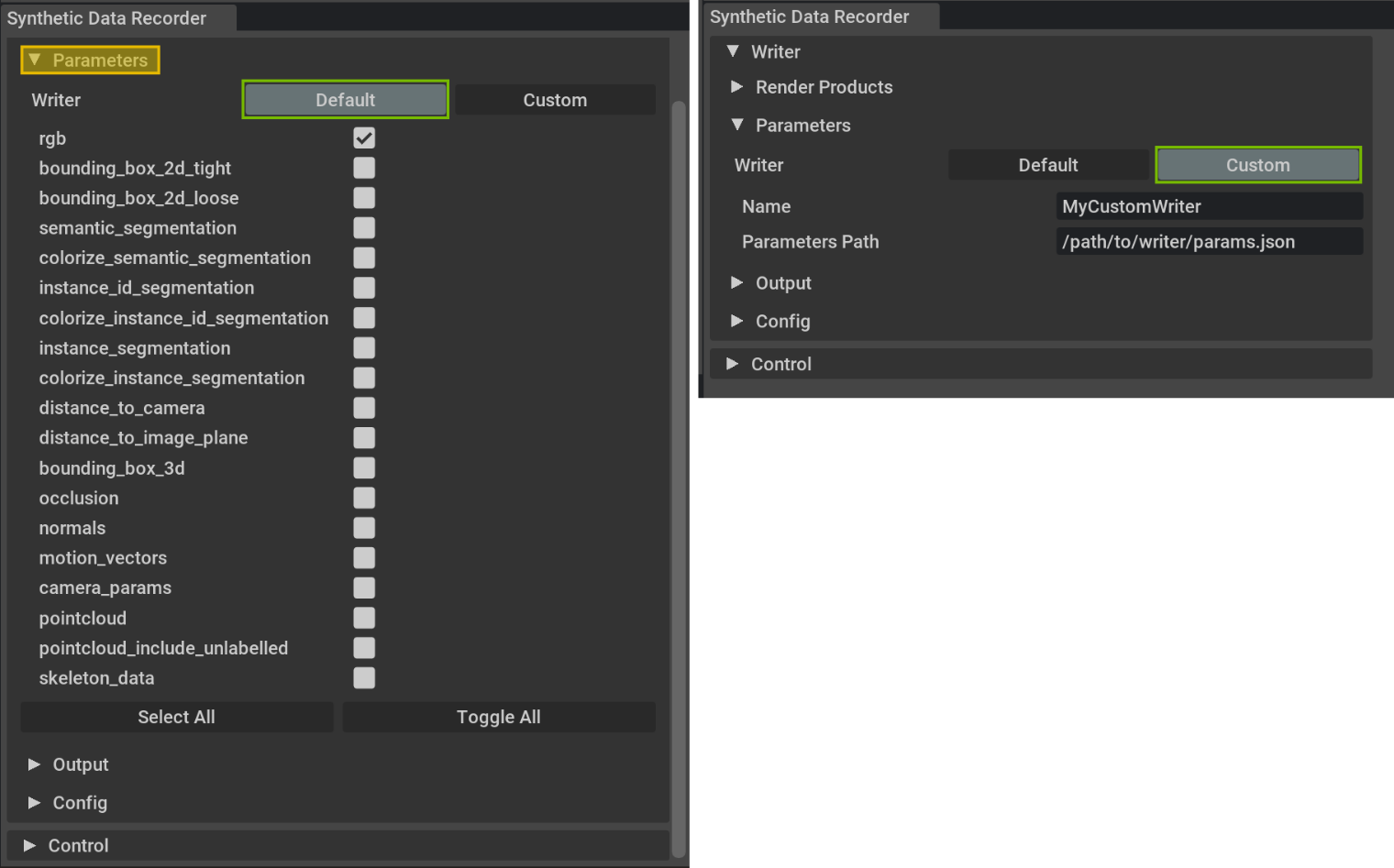 Synthetic Data Recorder Parameters