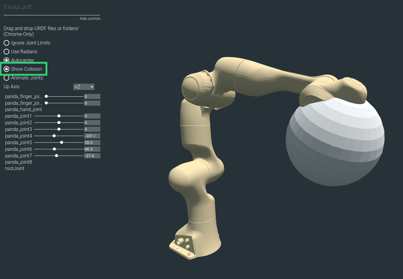 The Franka URDF with a mesh sphere that does not have the collision API and is visible