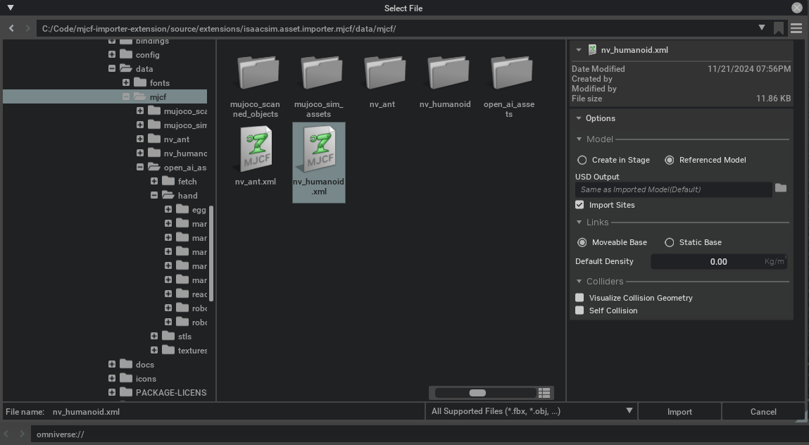 User interface for MJCF Importer