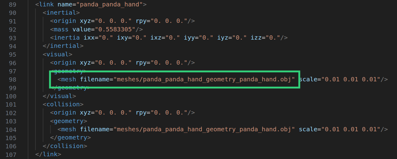 The Franka URDF with relative mesh file paths