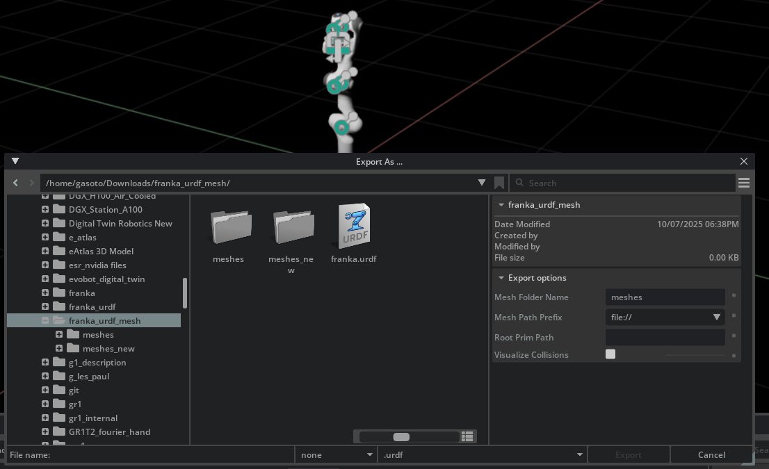 The USD to URDF Exporter UI