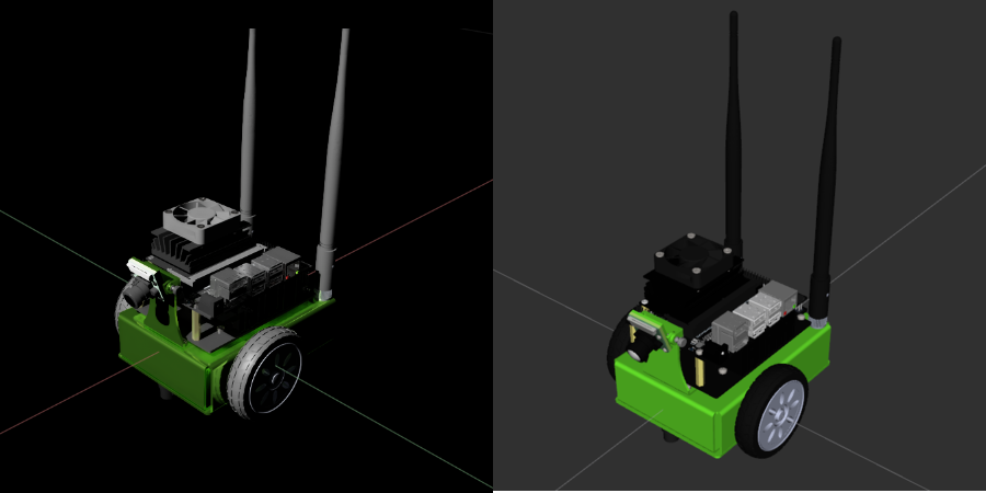 The JetBot USD shown in Isaac Sim, and the converted URDF shown in RViz