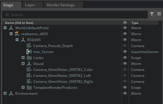 Realsense D455 depth camera asset loaded