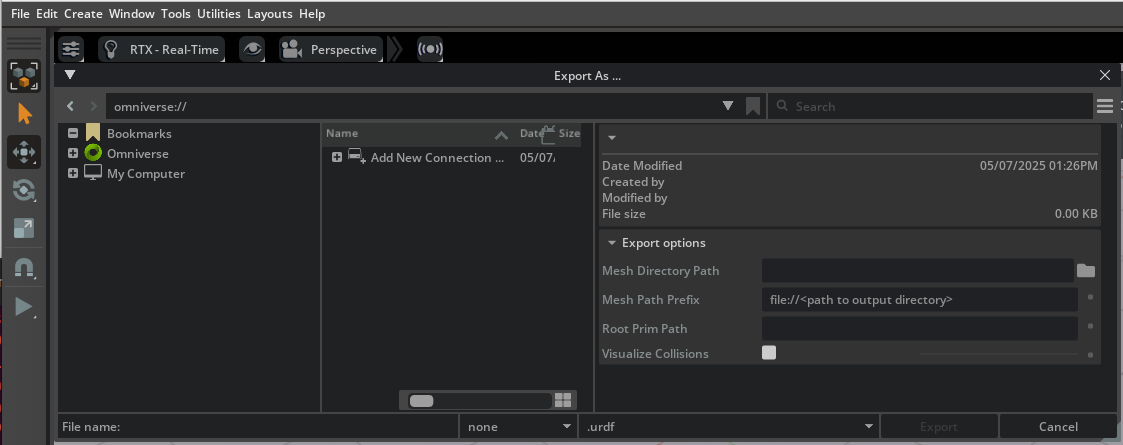 The USD to URDF Exporter window