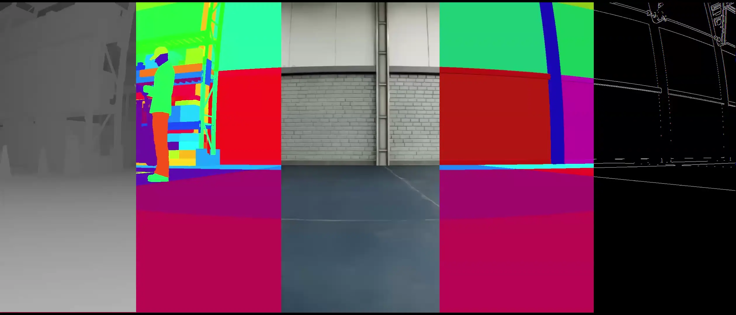 Multi-modal data captured from robot perspective: RGB, depth, segmentation, shaded segmentation, and edge maps