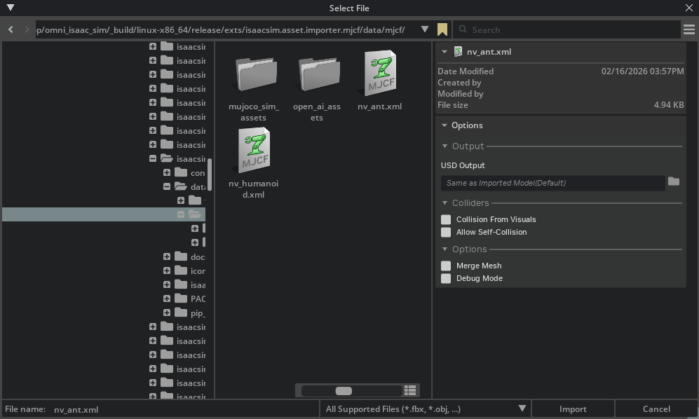 User interface for MJCF Importer