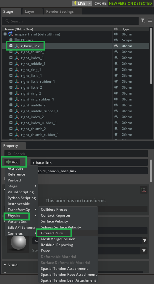 Right-click on r_base_link to add a Physics Filtered Pair.