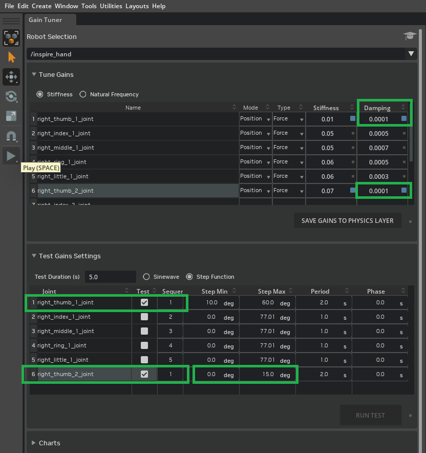 Both thumb joints set to 1 to run tests in parallel.