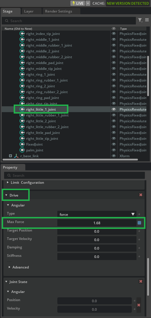 Drive section with Max Force set to 1.68 for right_little_1_joint.
