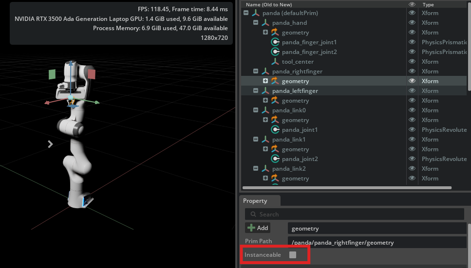 Property panel showing the Instanceable checkbox that should be unchecked