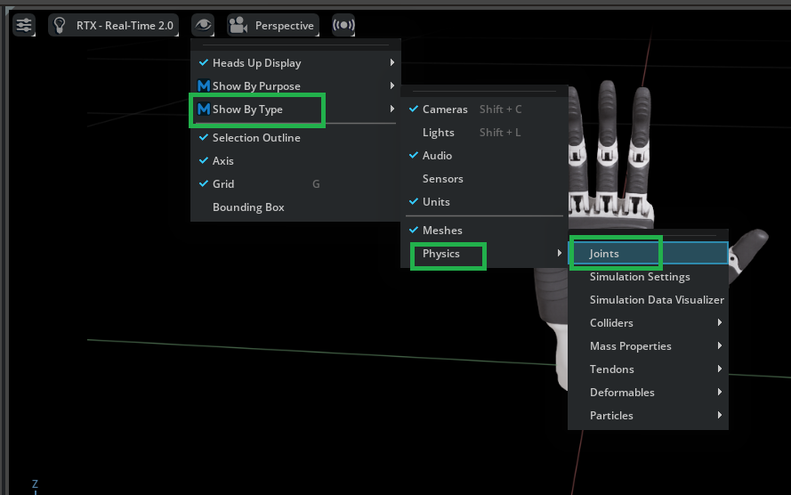 Menu path to enable joint visualization.