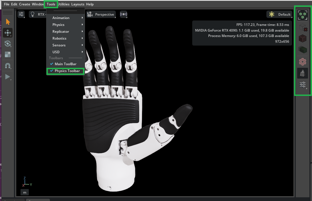 Tools > Physics Toolbar menu location.