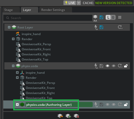 physics.usda highlighted green, showing it is the active authoring layer.
