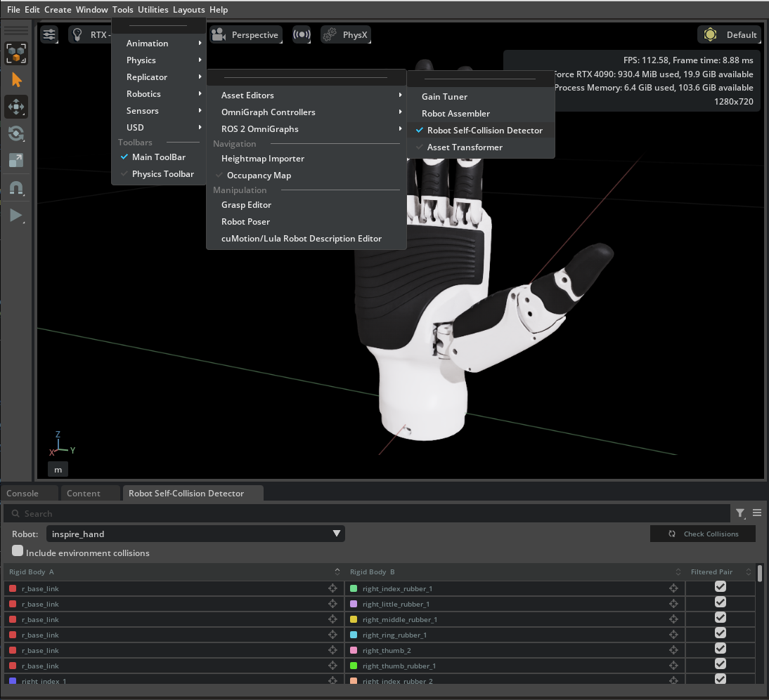 Robot Self-Collision Detector on Inspire Hand.