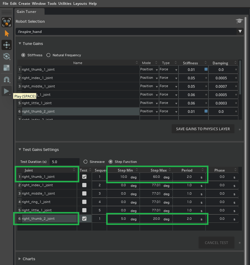 Step Function min/max and Duration for thumb joint tests.
