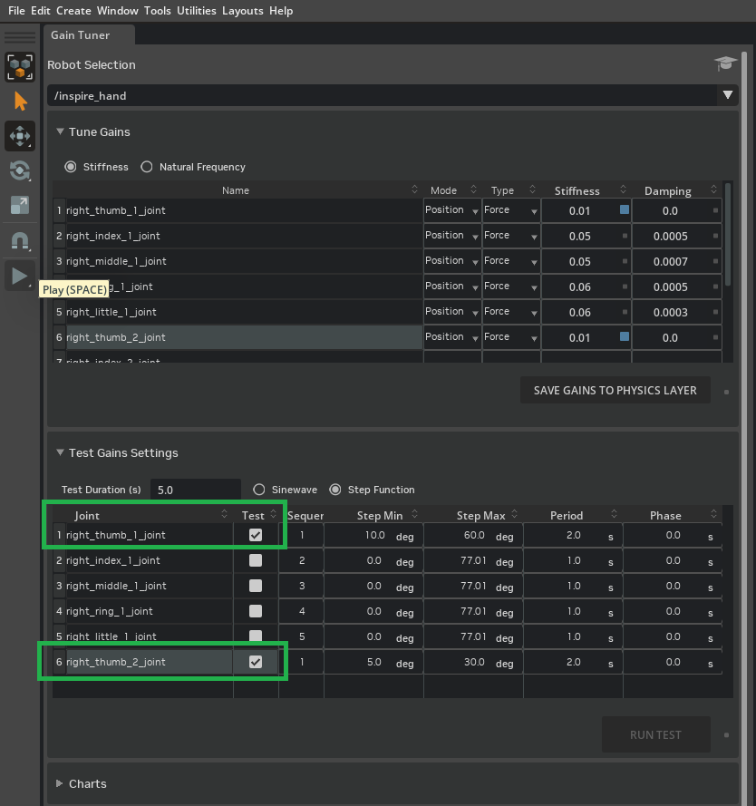 Test Gains Settings with Test checkbox enabled for thumb joints.