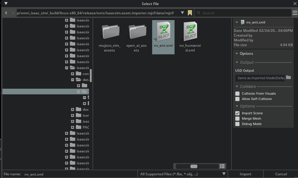 Select MJCF to Import