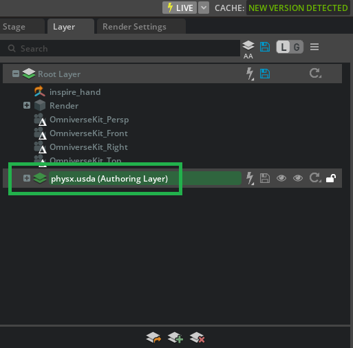 Layer panel with physx.usda highlighted green as the current authoring layer.