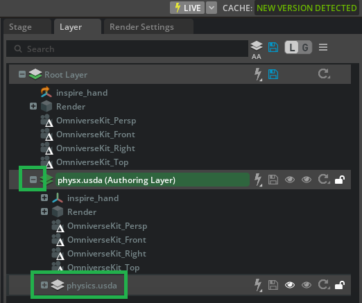 Layer tab expanded to show physics.usda under physx.usda.
