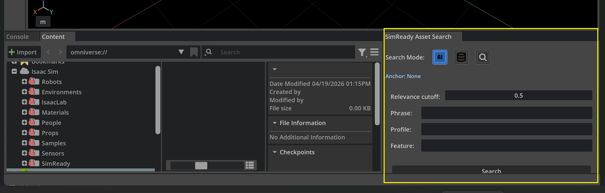 The open SimReady Asset Search control panel.