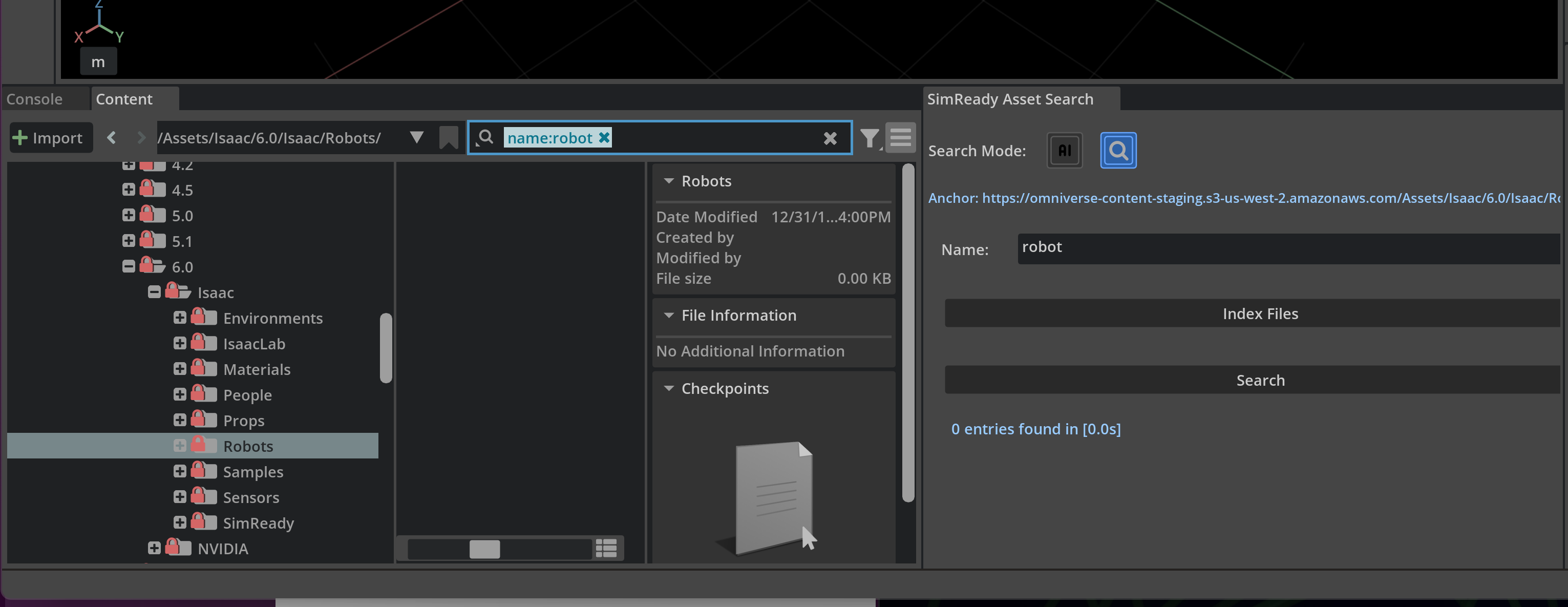 SimReady Asset Search control panel with File Index search mode selected.
