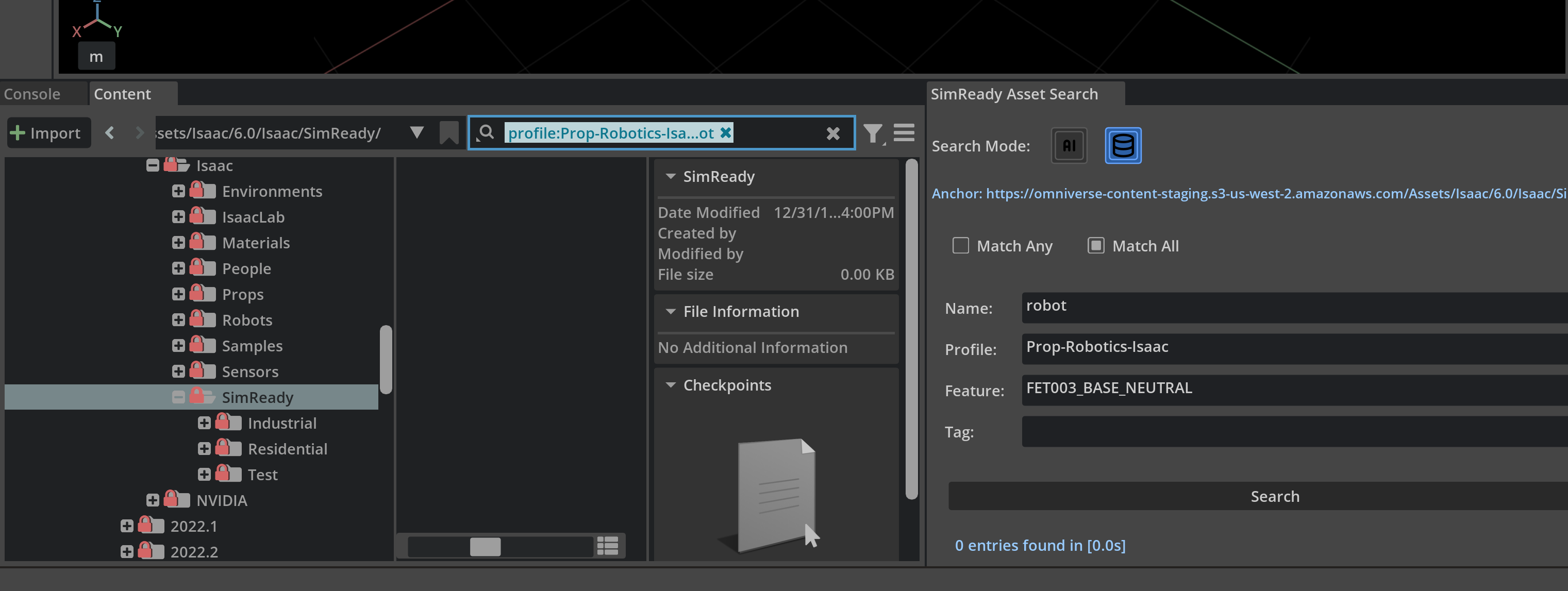 SimReady Asset Search control panel with WSCache search mode selected.
