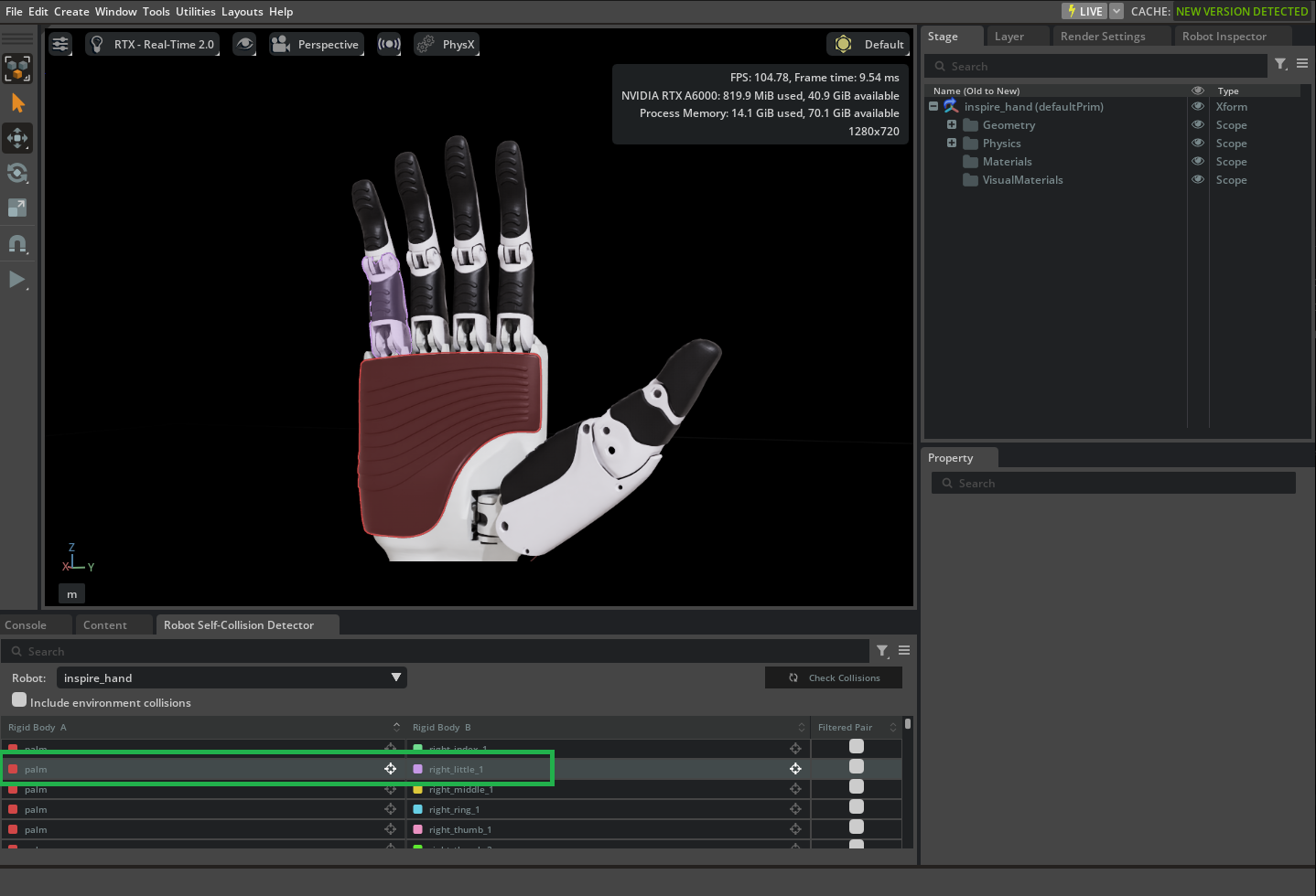 Viewport highlighting a selected pair of colliding rigid bodies.