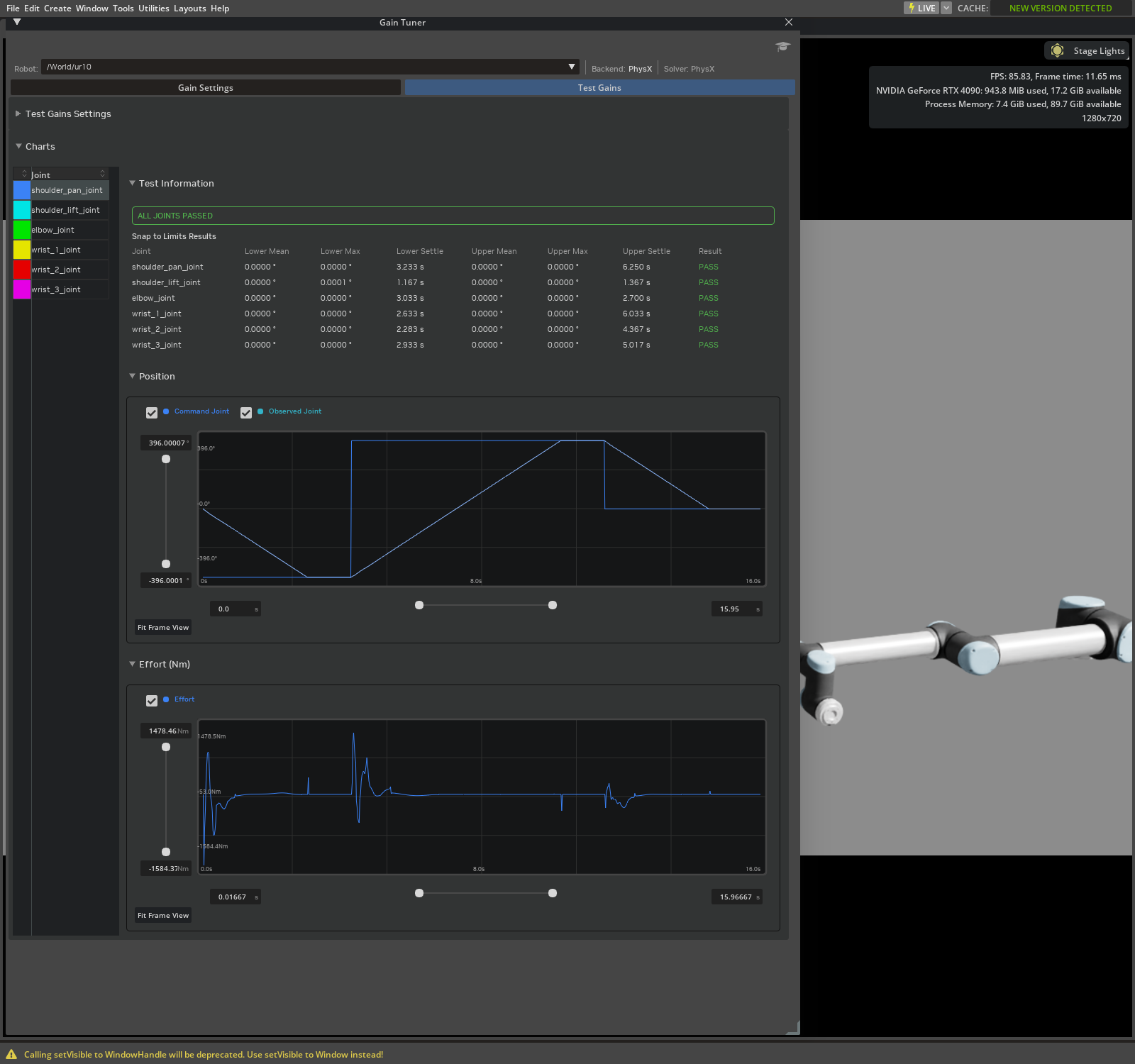 Gain Tuner with the UR10 selected and gains set to the values in the table
