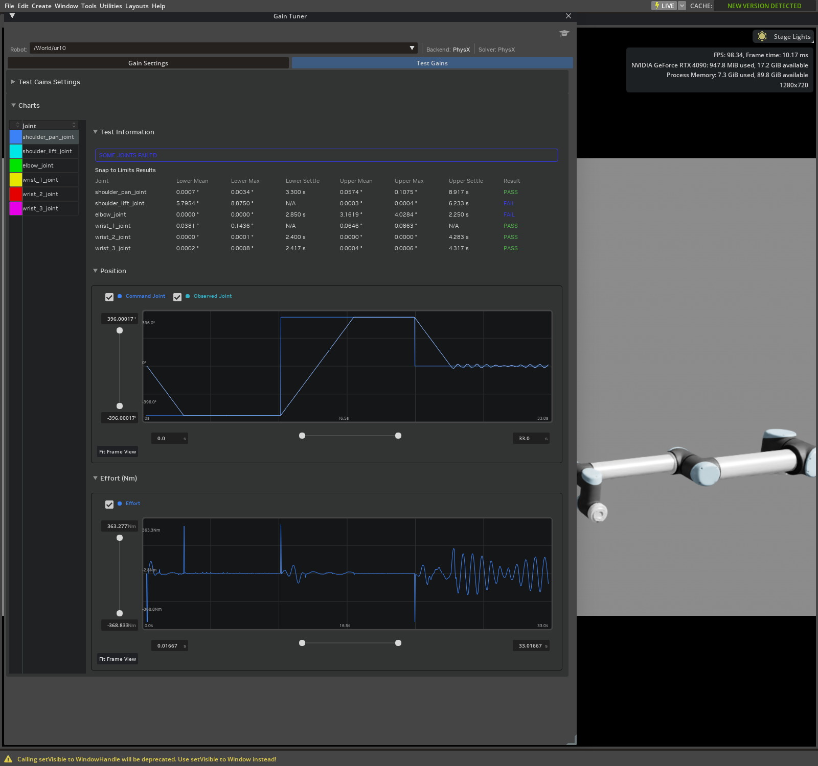 Gain Tuner with the UR10 selected and stiffness set to 10 Nm/rad