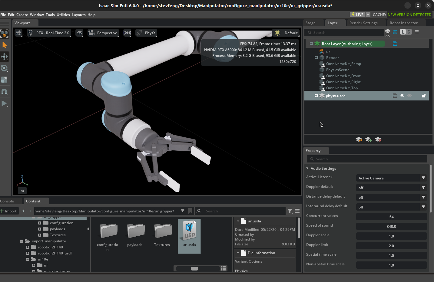 File dialog with physx.usda selected as the sublayer to insert.