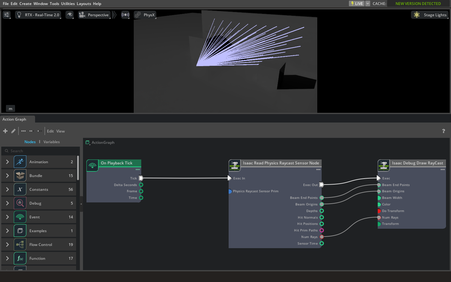 OmniGraph setup with Isaac Read Physics Raycast Sensor and Debug Draw nodes