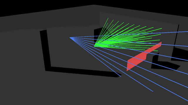 Physics raycast sensor visualization showing solid state (green), rotating (blue), and beam curtain (red) sensors