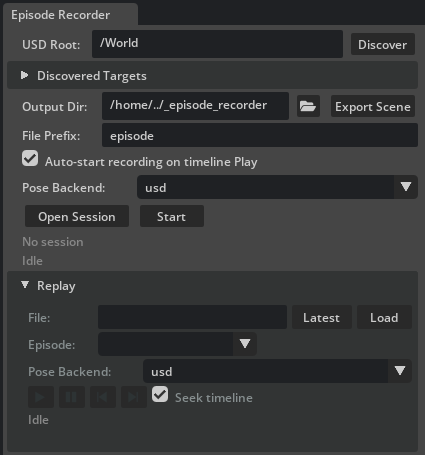 Episode Recorder window showing USD Root, Discovered Targets, Output Dir with Export Scene button, File Prefix, Auto-start checkbox, Pose Backend dropdown, Open Session and Start buttons with Idle status, and the Replay sub-section with File, Episode, Pose Backend, transport buttons, and Seek timeline checkbox.