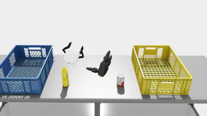 Floating-controller teleoperation in Isaac Sim, with VR controllers driving floating grippers.