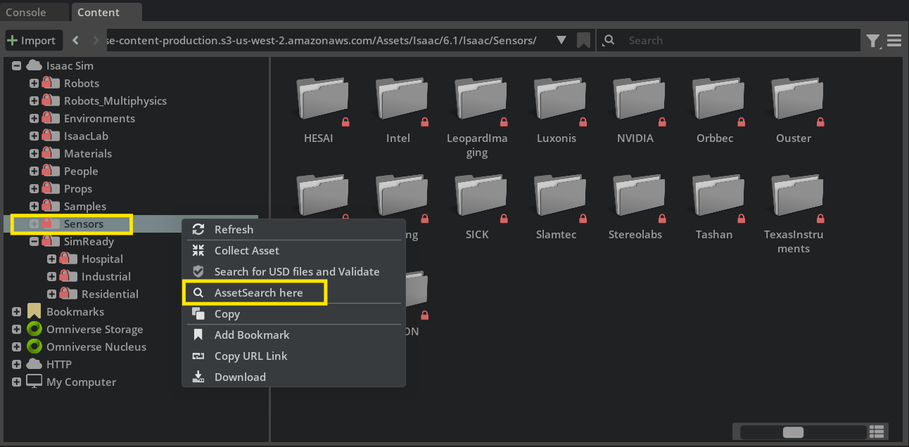 AssetSearch here highlighted in the Sensors folder context menu for the Isaac Sim 6.1 asset library.