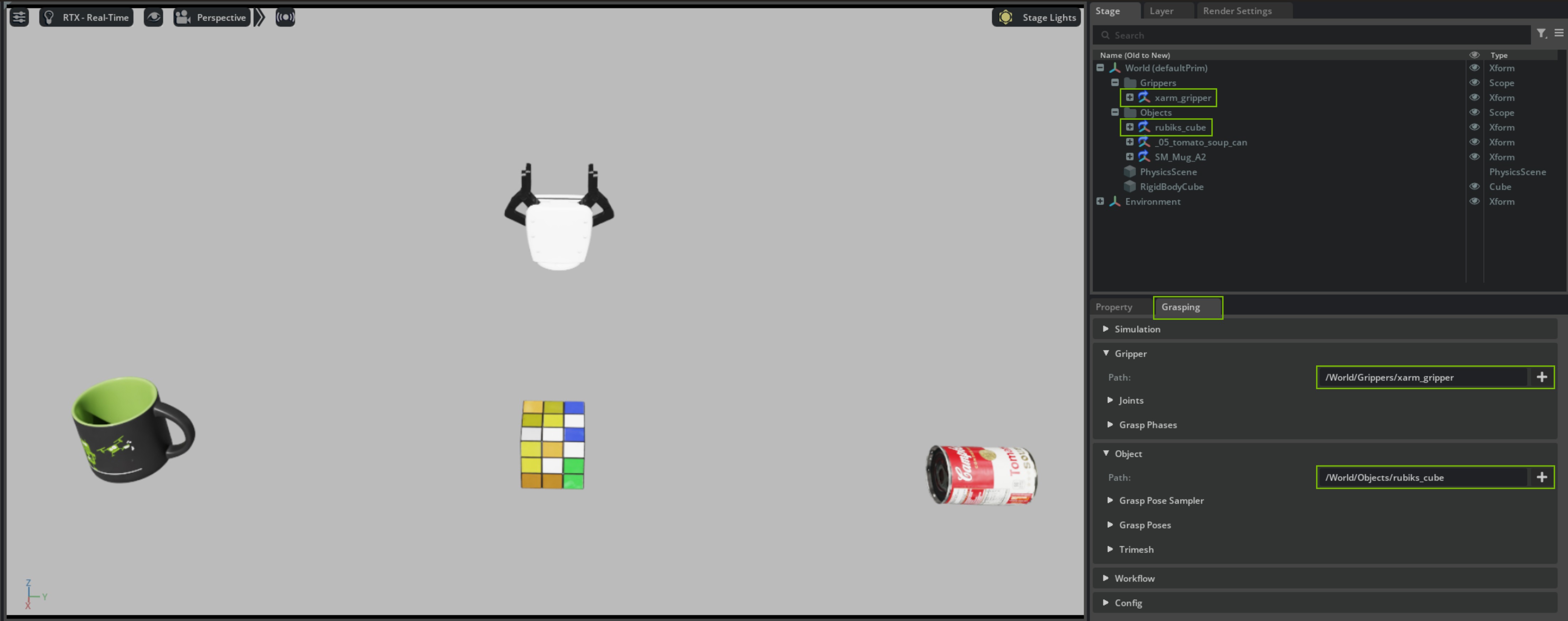 Example stage with a gripper and objects for grasping