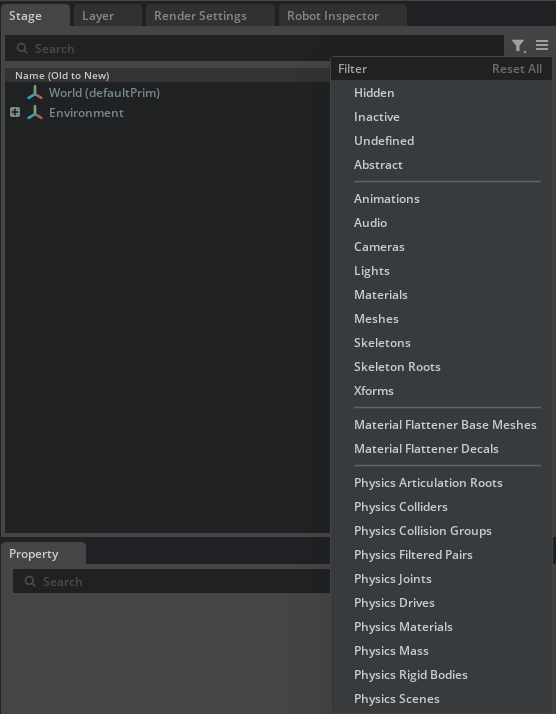 Stage filter menu with Physics Articulation Roots available as a filter.