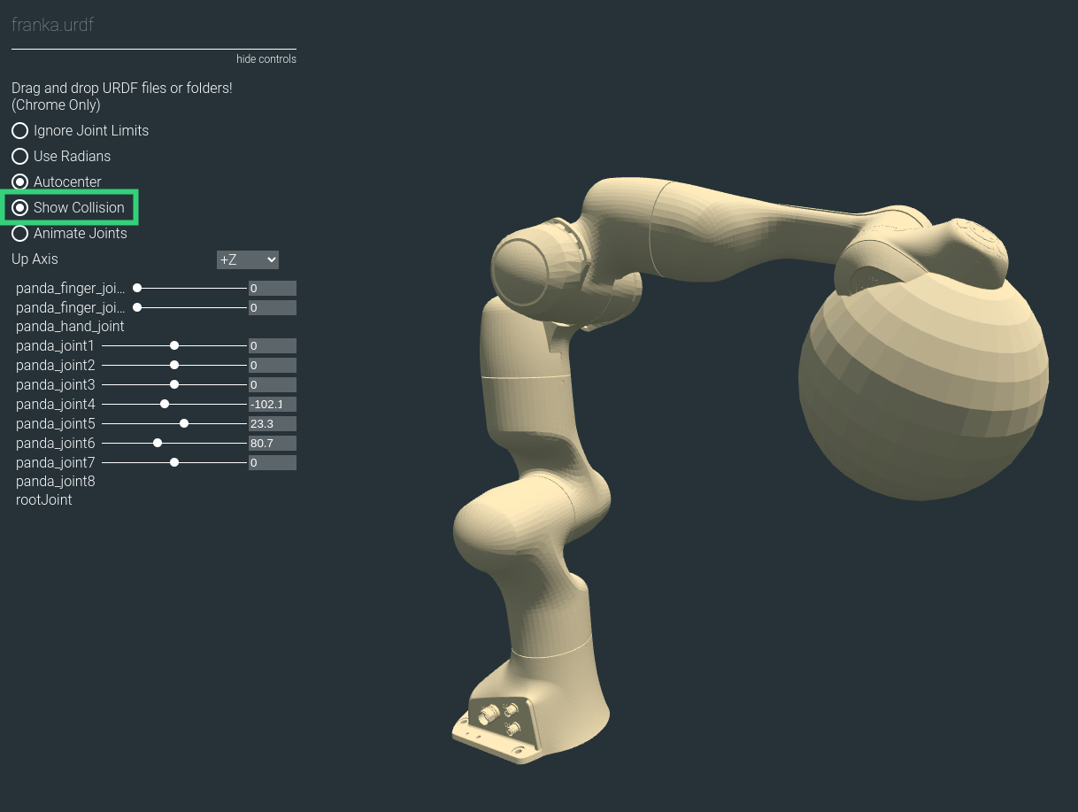 The Franka URDF with a mesh sphere that does have the collision API and is visible