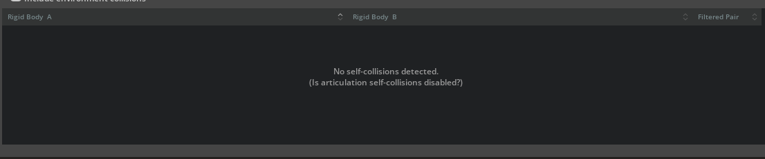 No collisions detected for Dex5-URDF-R when the self-collision is disabled in the articulation root (and no filtered pairs are applied)