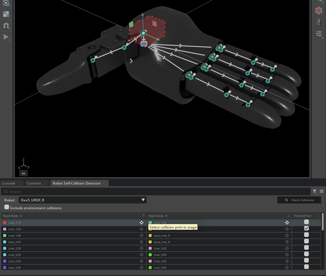 Inspecting a collision pair in the viewport