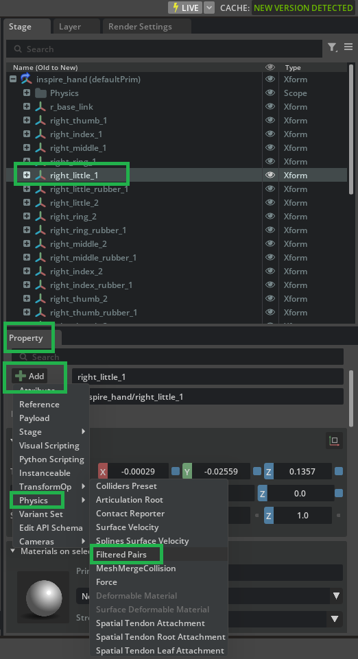 Right-click on right_little_1 to add a Physics Filtered Pair.