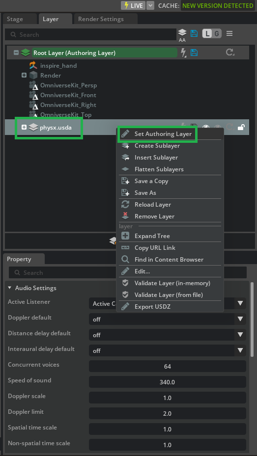 Context menu with Set Authoring Layer highlighted for physx.usda.