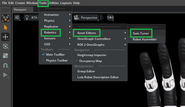 Tools > Robotics > Asset Editors > Gain Tuner menu.