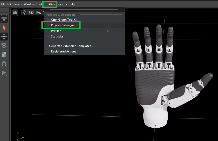 Physics Debug panel with Simulation Debug Visualization and Body Mass Axes options.