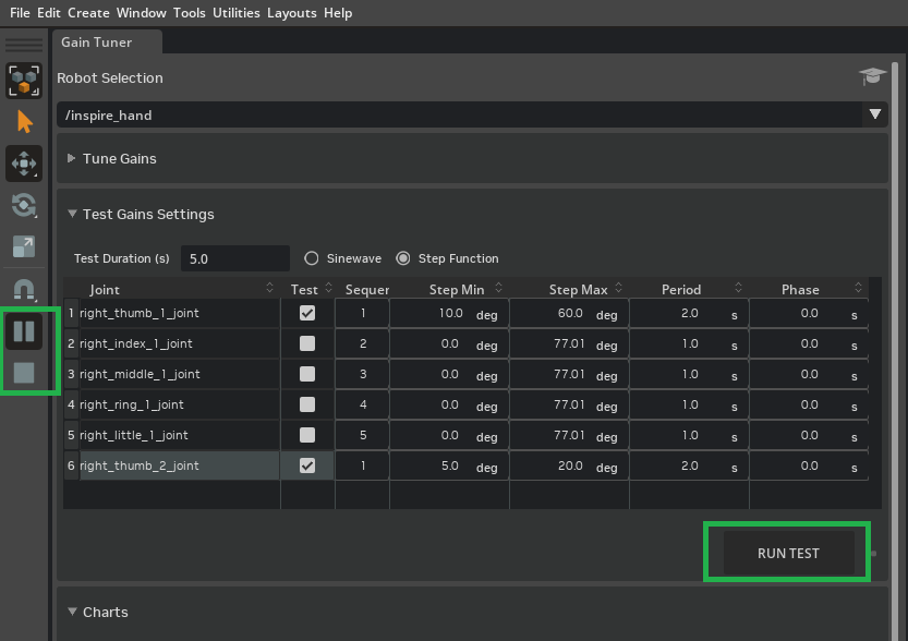 Play and Run Test to apply gains and run the evaluation.
