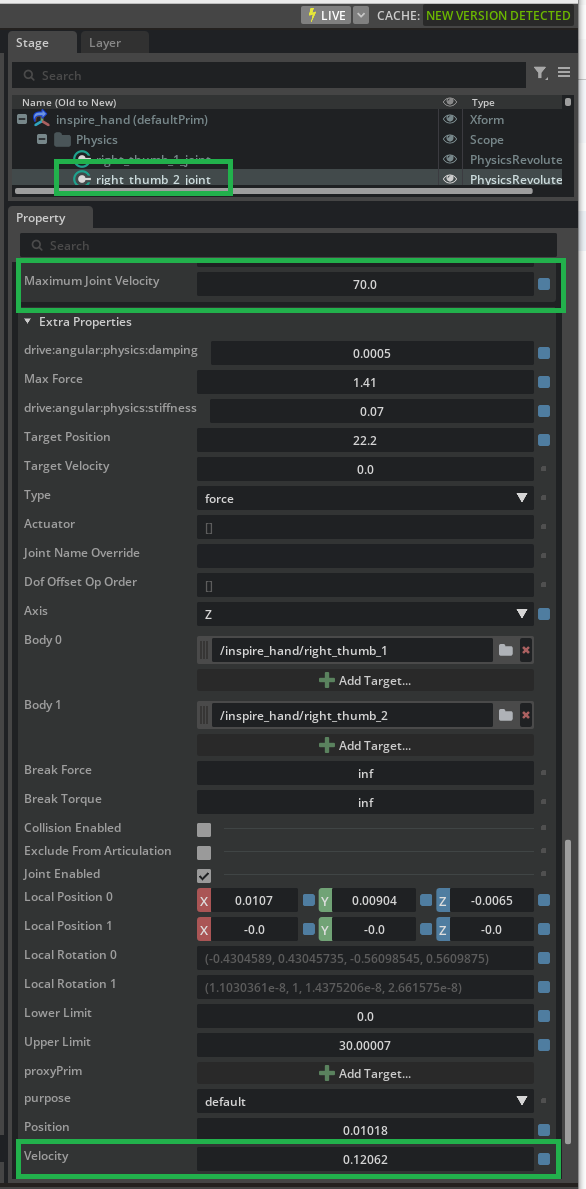Property panel showing Extra Properties > Velocity for joint velocity monitoring.