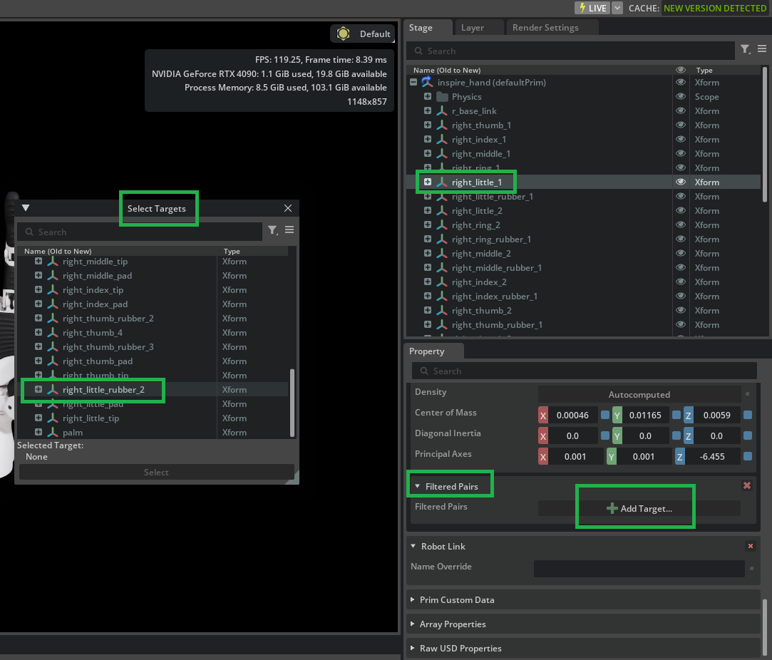 Property panel on right_little_1 prim, Filtered Pairs section with Add Target button.