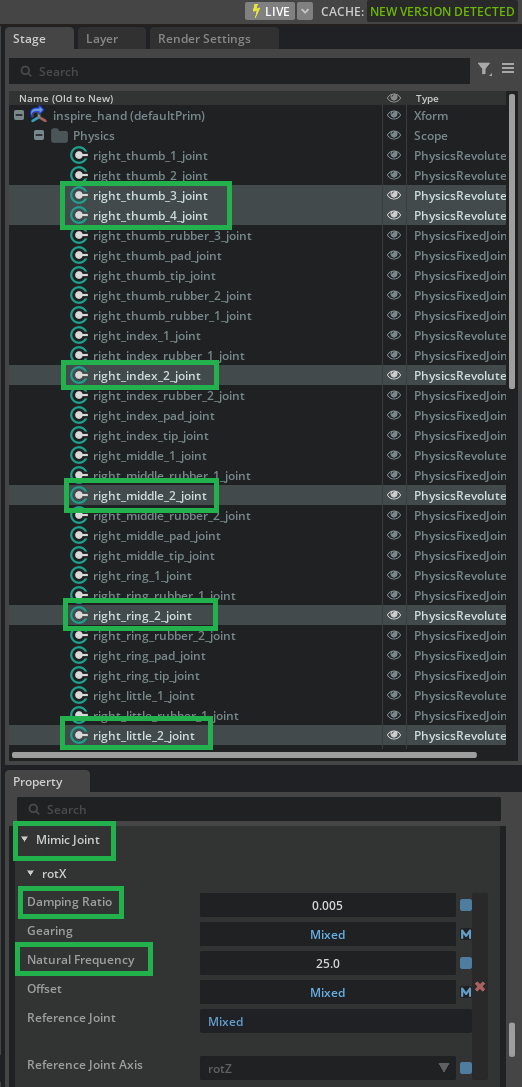 Stage panel with all mimic joints multi-selected.