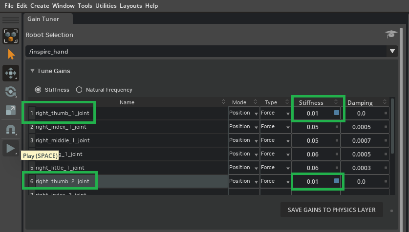 Stiffness column with initial values set for right_thumb_1_joint and right_thumb_2_joint.