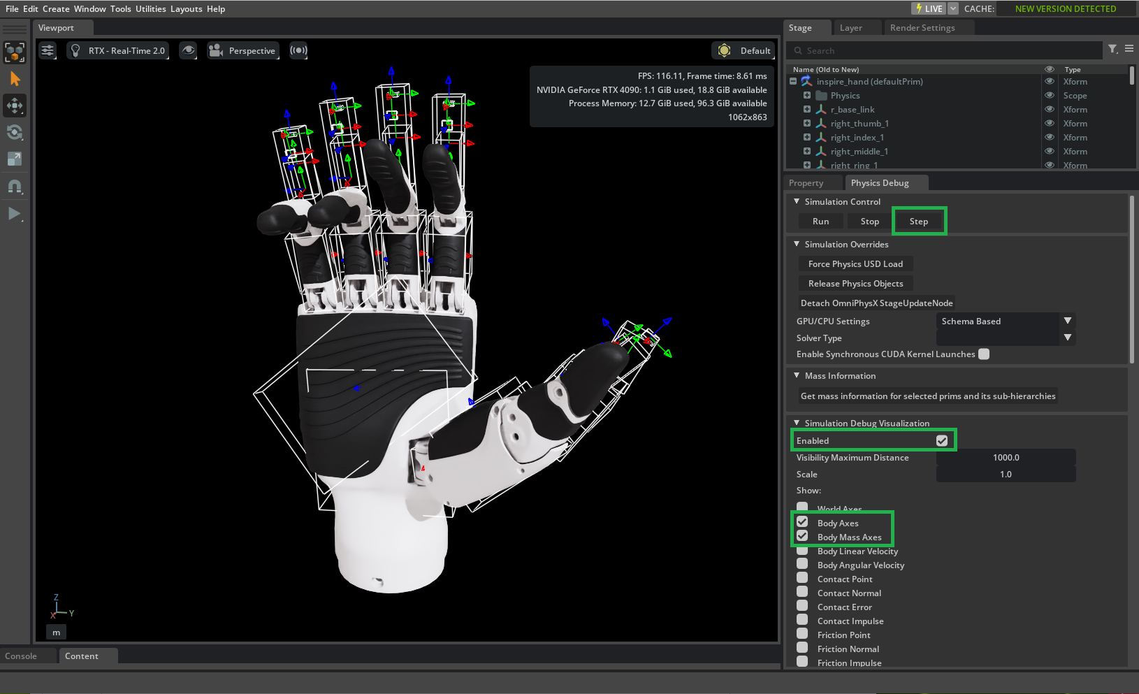 Viewport with body axes and mass axes visible on the hand links.